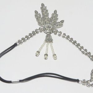 Vintage Crystal Pearl Tassels Hair Headbands, Bridal rhinestone leaves headband